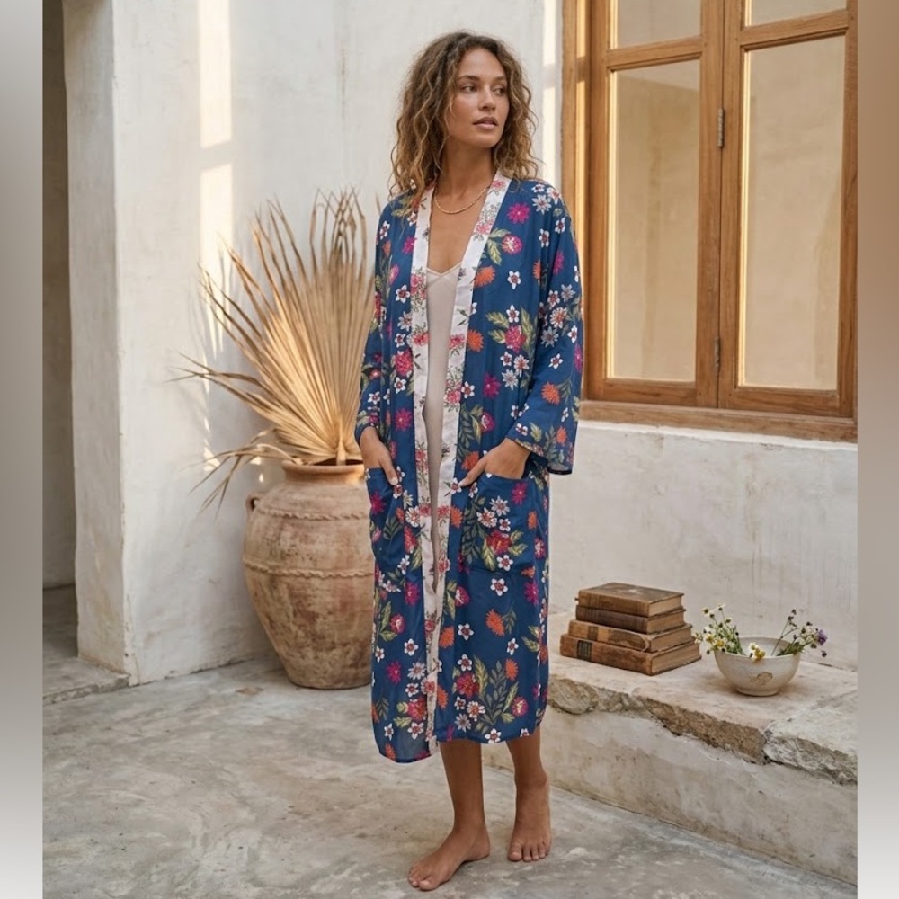 Time and Tru Blue Cove Floral Ethereal Bohemian Kimono